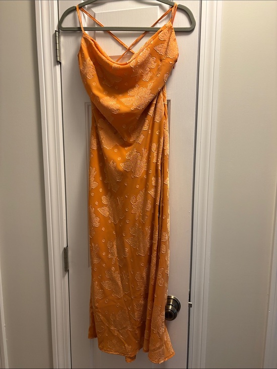 Fortunate One Dresses & Skirts - Creamsicle Orange Cowl-Neck Midi Dress with Floral Jacquard